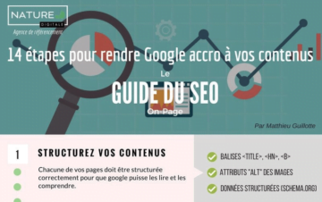 Infografia apresentando 14 passos para otimizar o conte&uacute;do para o Google, com dicas sobre tags e atributos.