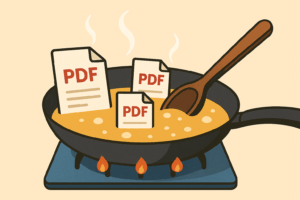 Illustration d'une poêle avec des documents PDF en train de cuire dans un liquide chaud.