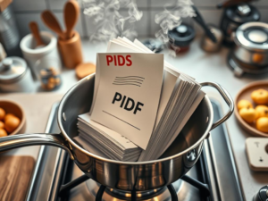 Casserole contenant des feuilles de papier avec les mots 'PIDS' et 'PIDF' sur le dessus, avec de la vapeur s'échappant.