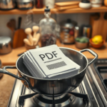 Feuilles de papier avec l'inscription 'PDF' empilées dans une casserole sur une cuisinière.