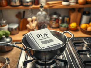 Feuilles de papier avec l'inscription 'PDF' empilées dans une casserole sur une cuisinière.
