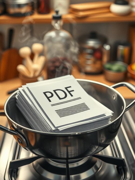 Feuilles de papier avec l'inscription 'PDF' empilées dans une casserole sur une cuisinière.