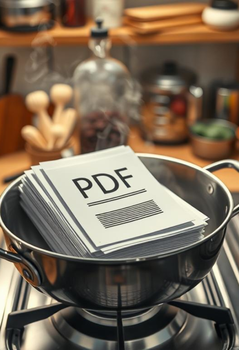 Feuilles de papier avec l'inscription 'PDF' empilées dans une casserole sur une cuisinière.