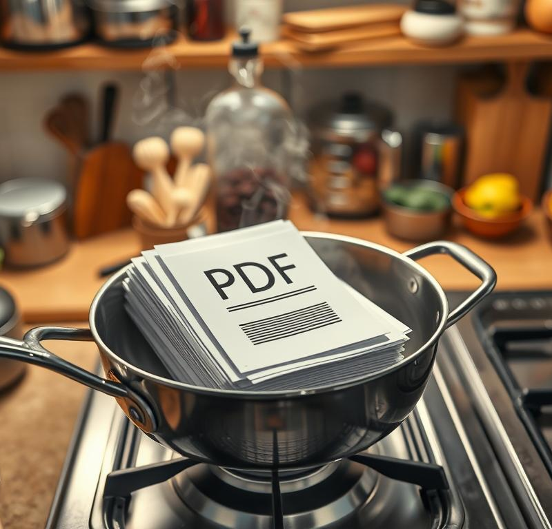Feuilles de papier avec l'inscription 'PDF' empilées dans une casserole sur une cuisinière.