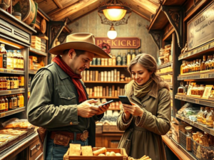 Un homme en chapeau de cowboy et une femme regardant leurs téléphones dans une épicerie.