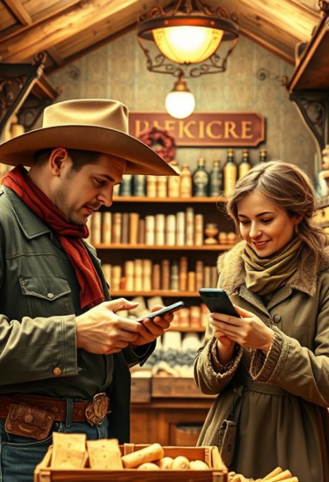Un homme en chapeau de cowboy et une femme regardant leurs téléphones dans une épicerie.