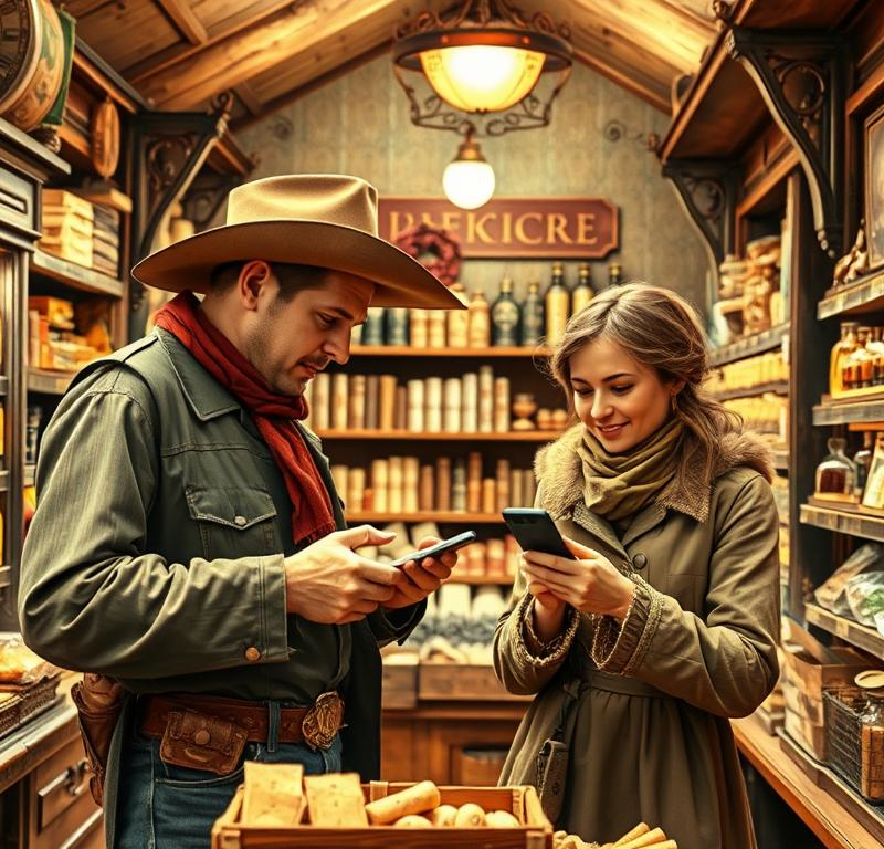 Un homme en chapeau de cowboy et une femme regardant leurs téléphones dans une épicerie.